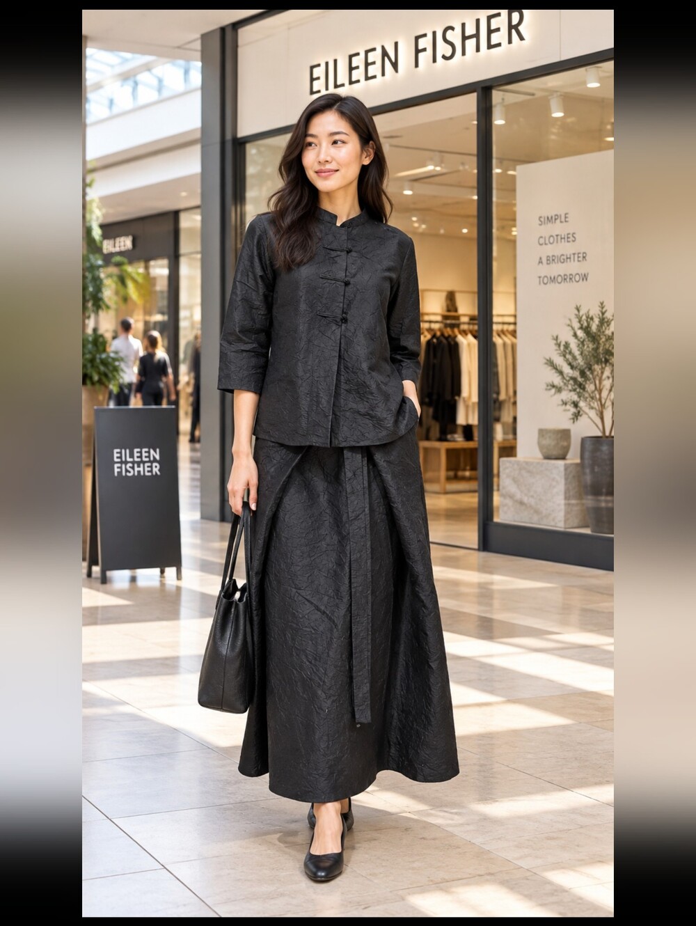 Eileen Fisher Japanese Style 2pc Top Skirt S Crinkle Silk Black Wrap Front #CB8